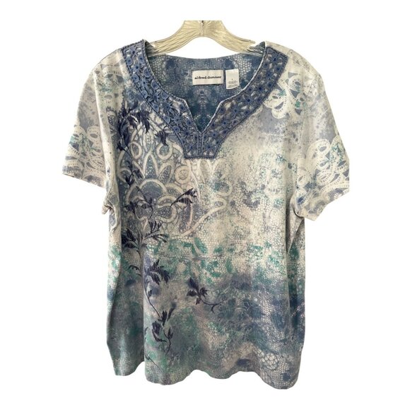 Alfred Dunner Women’s Size L Blue Lace Trim Floral Top – Short Sleeve Cotton Ble - Picture 1 of 5